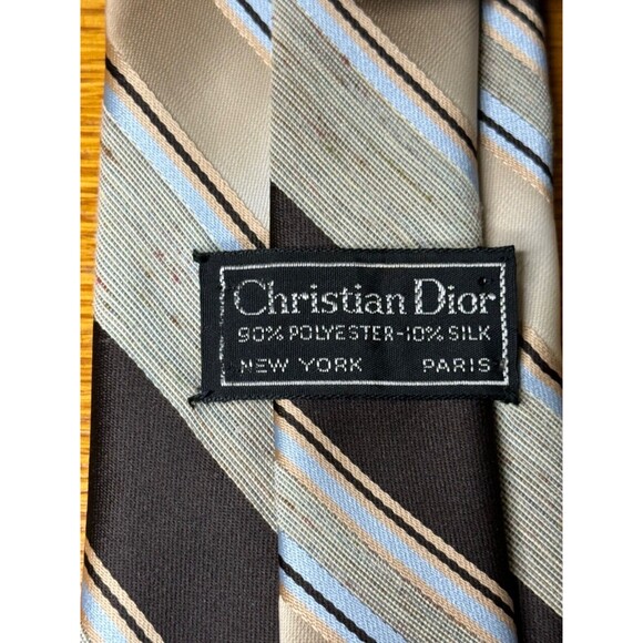 Vintage Christian Dior Men's Striped Polyester/Silk Neck Tie Blue Brown - Picture 2 of 3